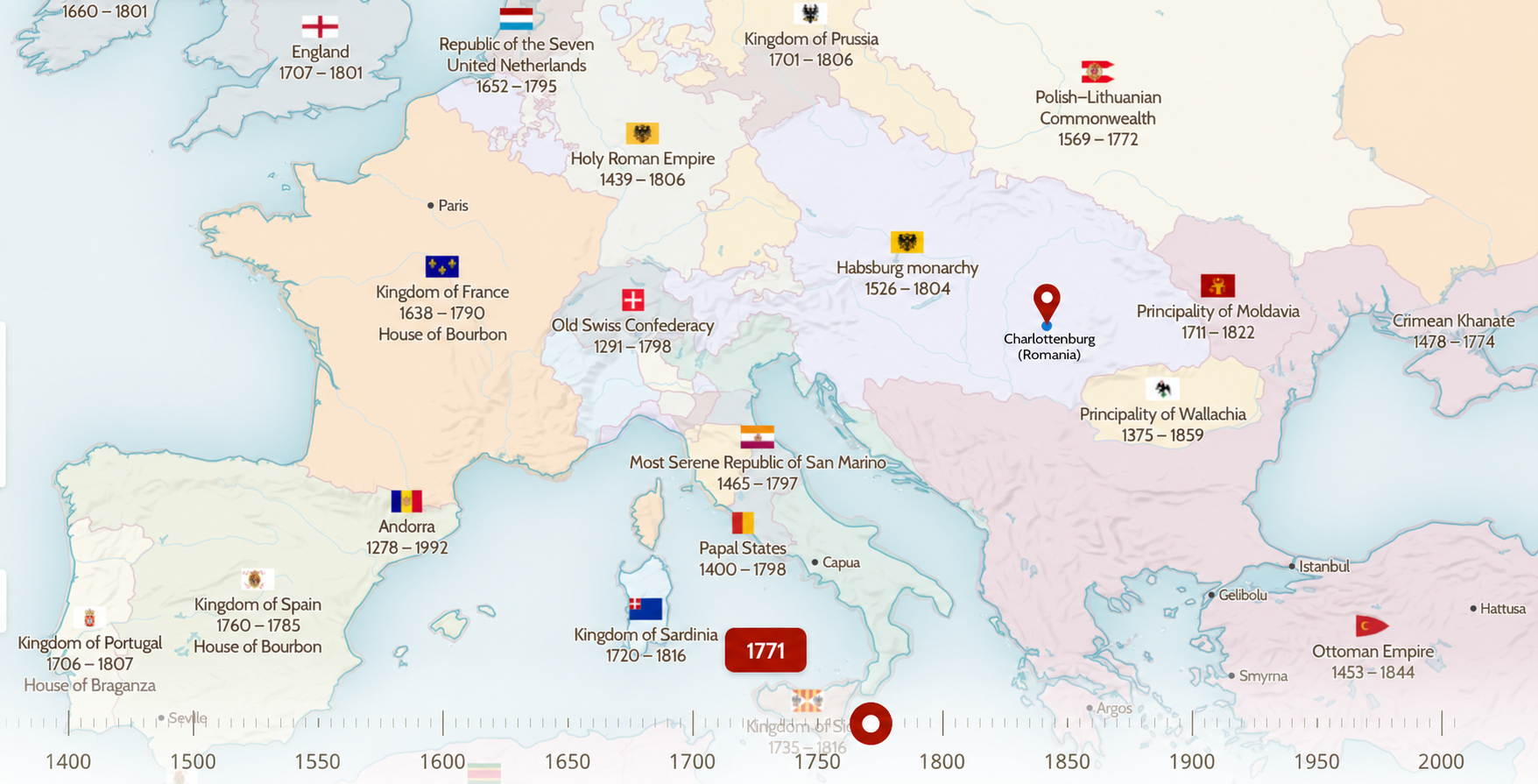 Harta Europei în 1771 cu localizarea satului Charlottenburg