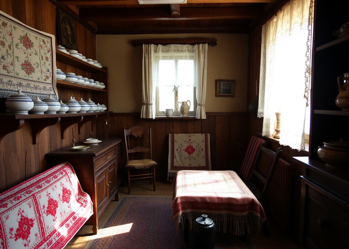 Cameră de muzeu cu mobilier tradițional